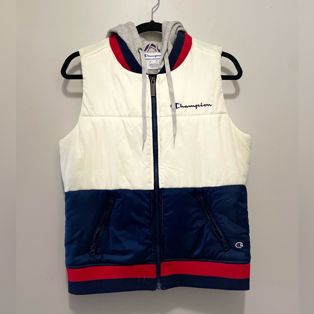 Champion Gray and White Hoodie with Red Trim